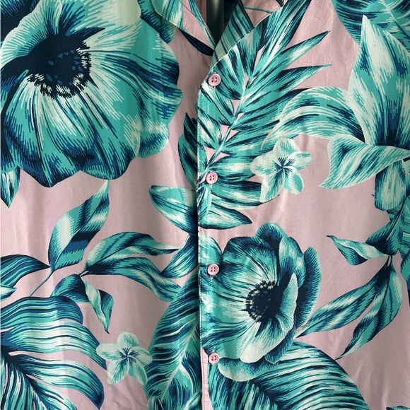 Original Use Tropical Floral Rayon Shirt Pink & Teal Summer Resort Button Up - Picture 3 of 15